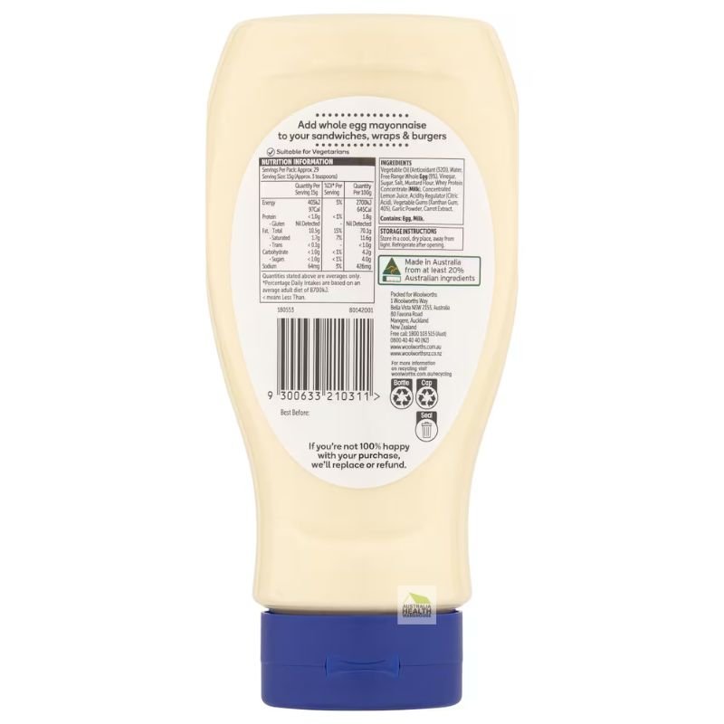 [CLEARANCE Expiry Date: 22/08/2026] Woolworths Whole Egg Mayonnaise 440g