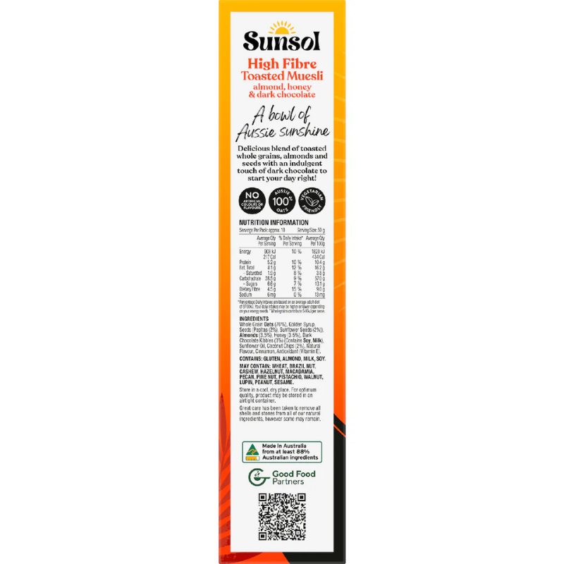 [Expiry Date: 13/05/2027] Sunsol High Fibre Toasted Muesli Almond, Honey & Dark Chocolate 500g