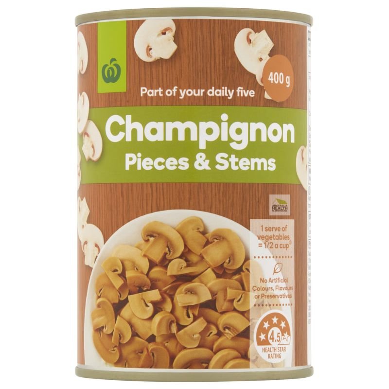 [Expiry Date: 30/04/2027] Woolworths Champignons Pieces & Stems 400g