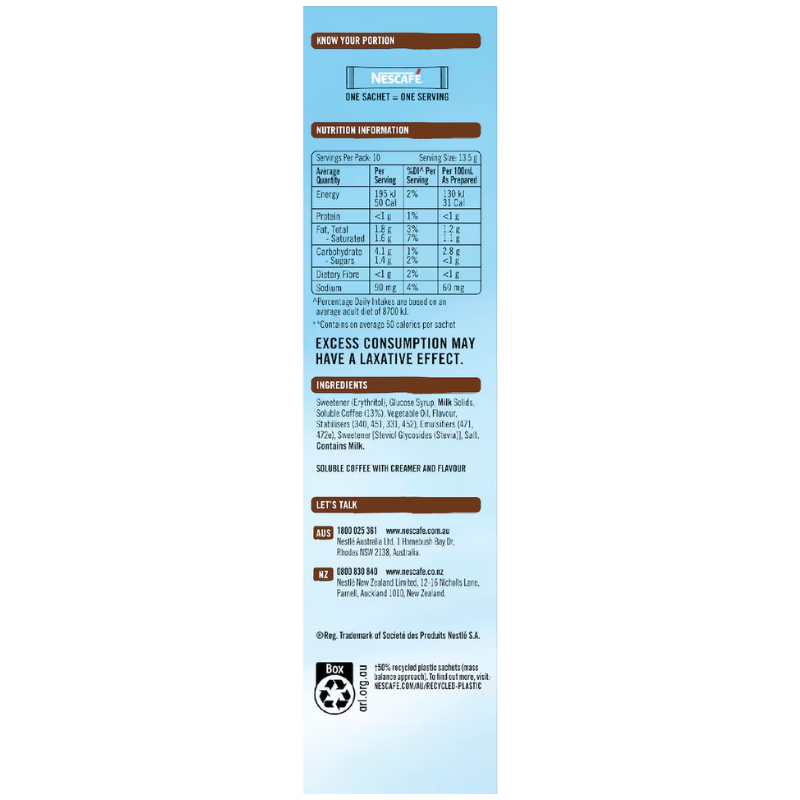 [Expiry Date: 06/2027] Nescafe 98% Sugar Free Latte Coffee Sachets 10 Pack