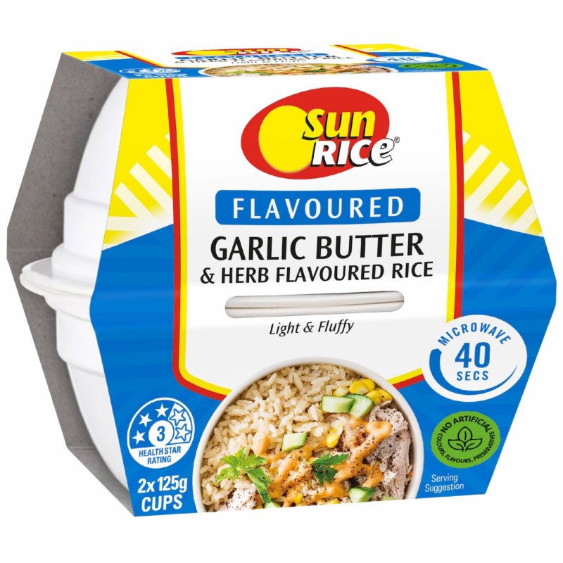 [Expiry Date: 24/01/2027] Sunrice Microwave Flavoured Garlic Butter & Herb Flavoured Rice Cups 2 x 125g