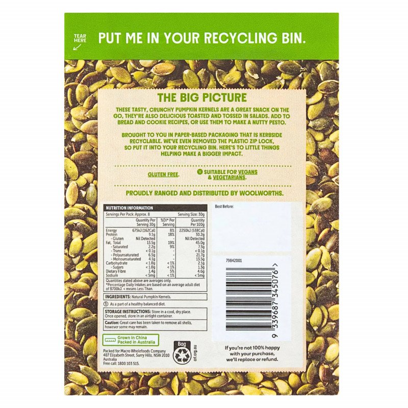 [Expiry Date: 22/11/2026] Woolworths Macro Natural Pumpkin Kernels 250g
