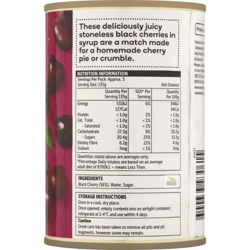[Expiry Date: 10/07/2027] Woolworths Stoneless Black Cherries In Syrup 415g |Oz Mart