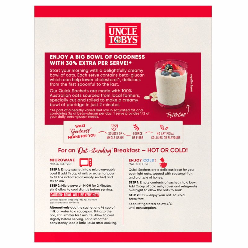 [Expiry Date: 11/08/2027] Uncle Tobys Oats Quick Sachets Original Big Bowl Porridge 8 Pack 368g
