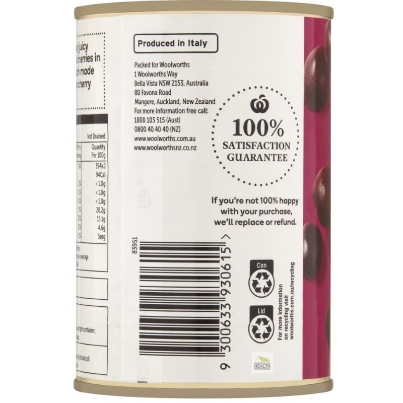 [Expiry Date: 10/07/2027] Woolworths Stoneless Black Cherries In Syrup 415g |Oz Mart