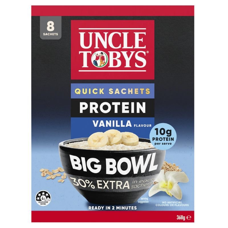 [Expiry Date: 24/02/2027] Uncle Tobys Oats Quick Sachets Protein Vanilla Big Bowl Porridge 8 Pack 368g