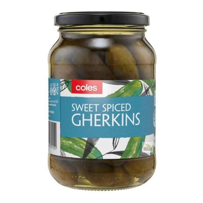 [Expiry: 17/04/2028]  Coles Sweet Spiced Gherkins 540g