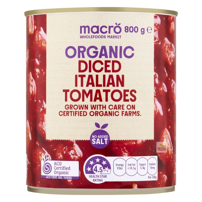 Woolworths Macro Organic Diced Italian Tomatoes 800g