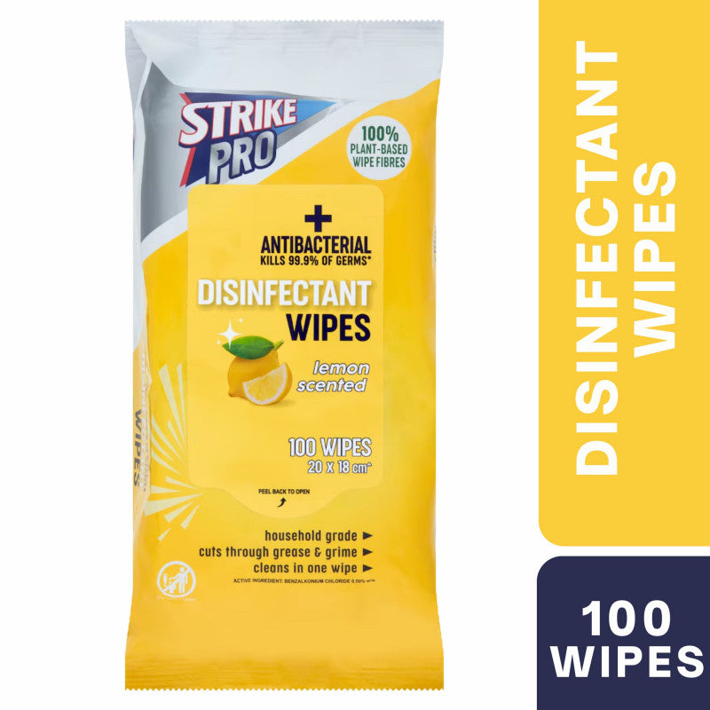 Expiry Date: 08/02/2028] Strike Pro Antibacterial Disinfectant Wipes Lemon 100 Wipes