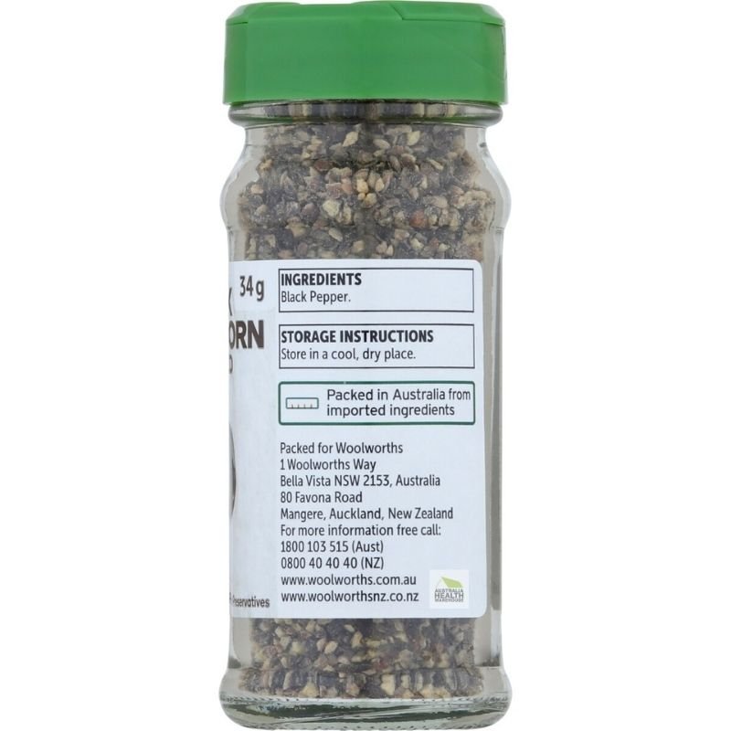 [Expiry: 08/2029] Woolworths Black Peppercorn Cracked 34g