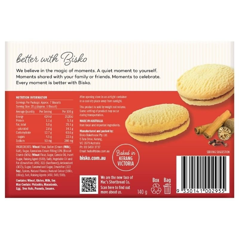 [Expiry Date: 20/08/2027] Bisko Bakehouse Creme Moments Shortbread With Speculoos Cream Filling 140g