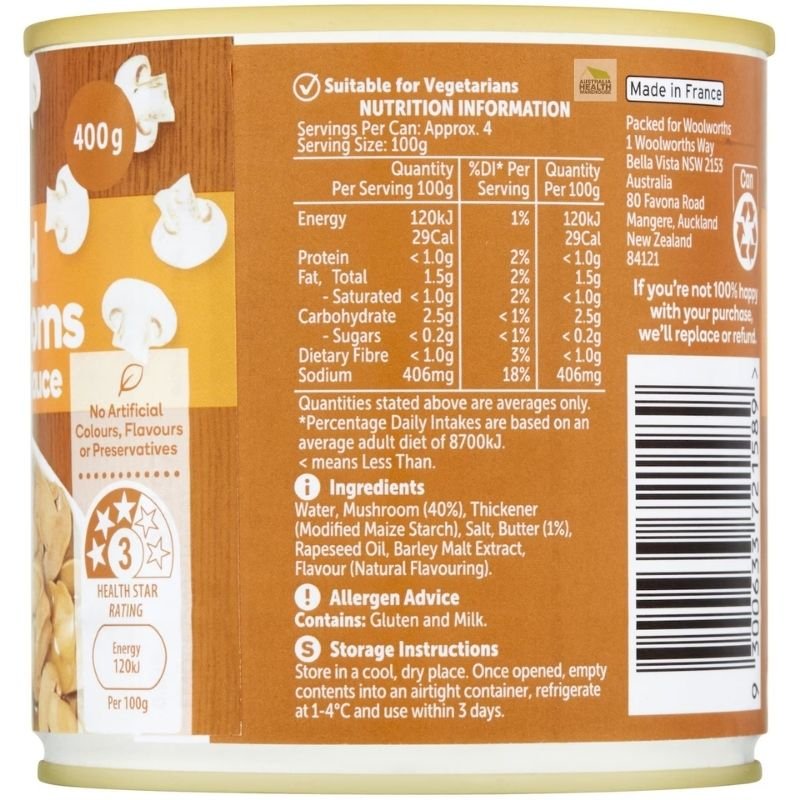 [Expiry: 01/04/2027] Woolworths Mushrooms In Butter Sauce 400g