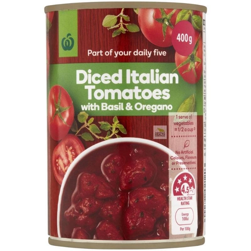 [Expiry: 31/08/2027] Woolworths Diced Italian Tomatoes Basil & Oregano 400g