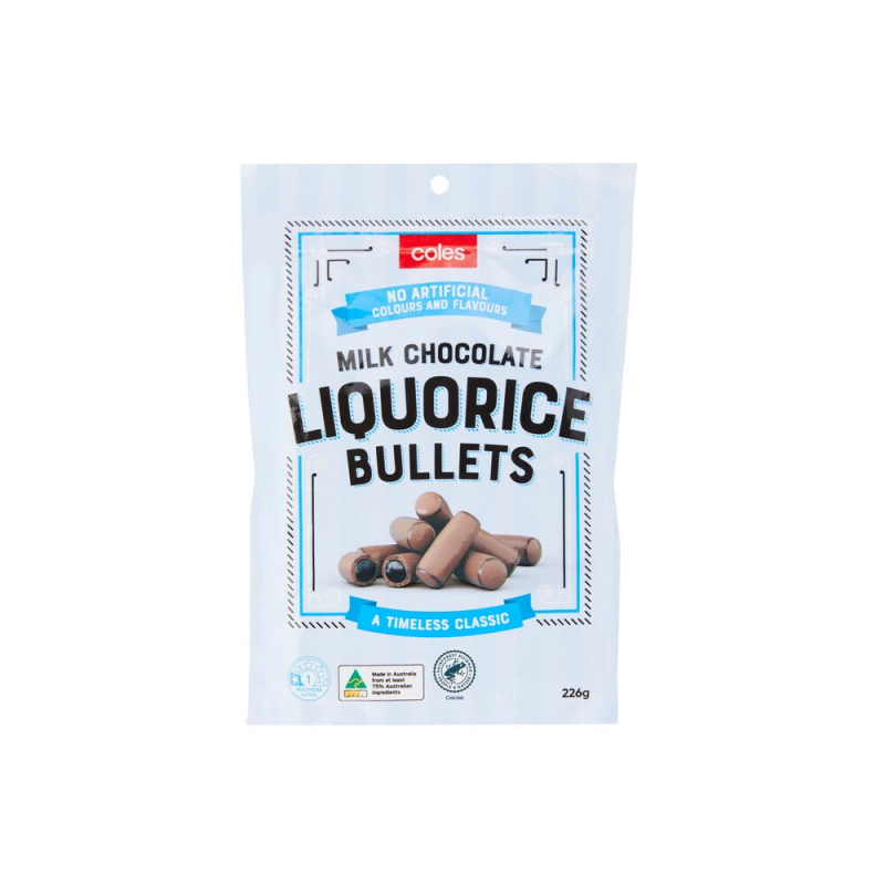 [CLEARANCE Expiry: 05/08/2025] Coles Milk Chocolate Liquorice Bullets 226g