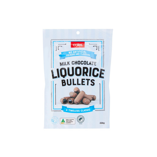 [CLEARANCE Expiry: 05/08/2025] Coles Milk Chocolate Liquorice Bullets 226g