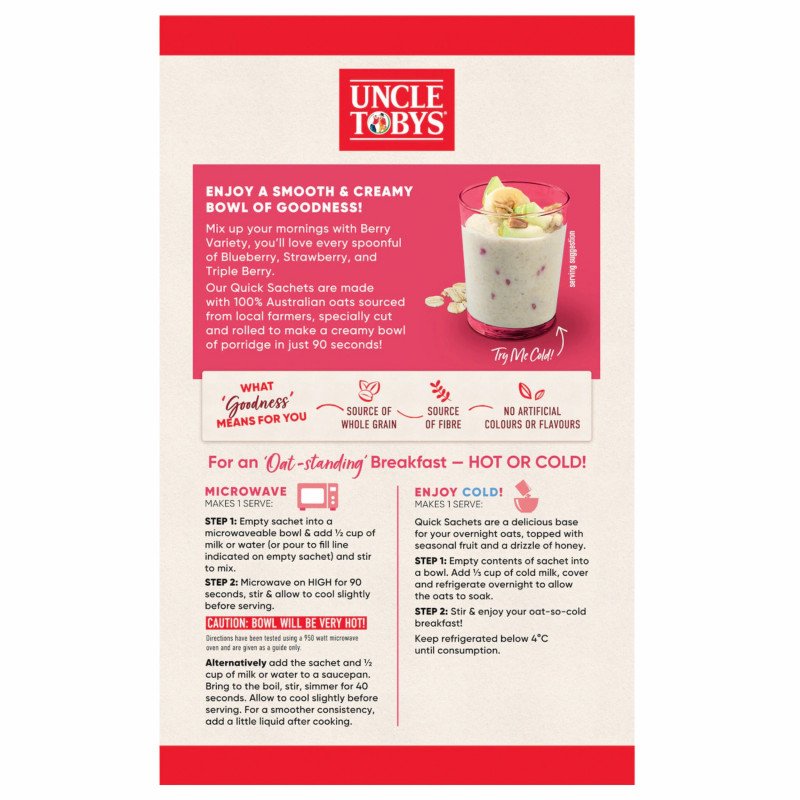[Expiry Date: 27/11/2026] Uncle Tobys Oats Quick Sachets Berry Variety 10 Pack 350g