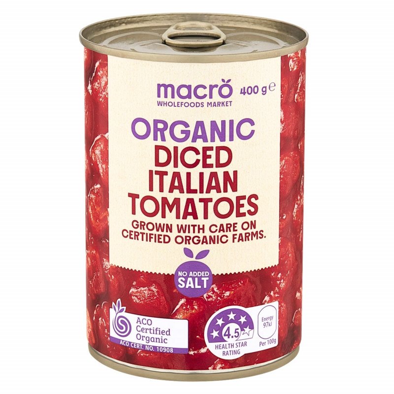 [Expiry: 31/08/2028] Woolworths Macro Organic Tomatoes Diced No Added Salt 400g
