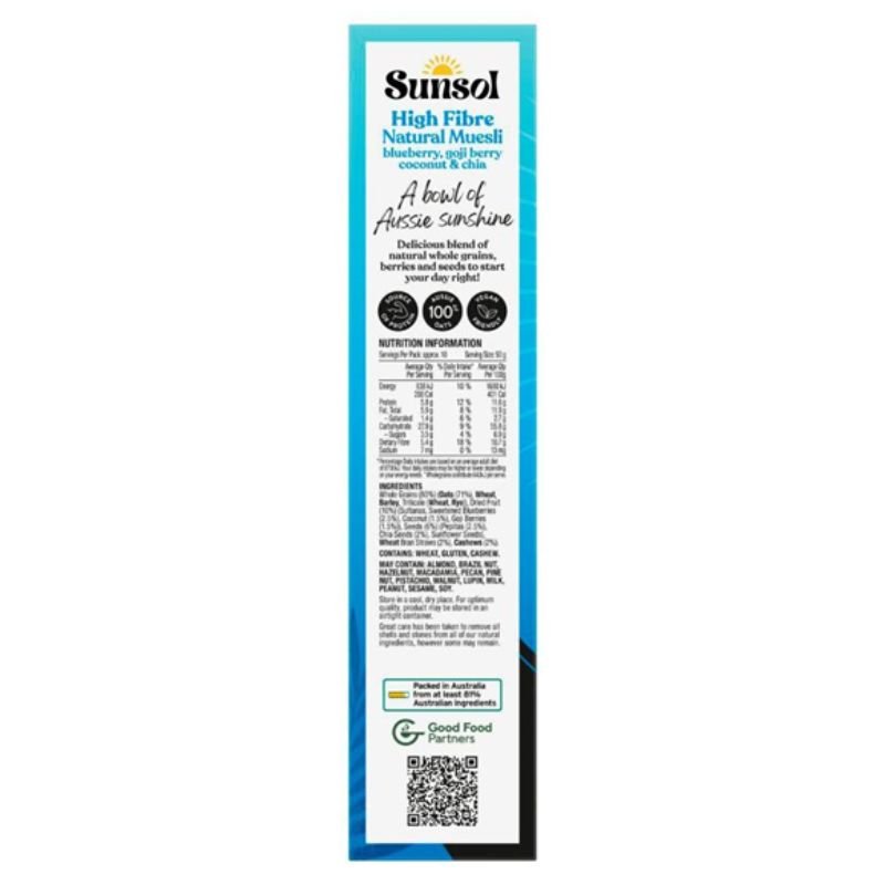[Expiry Date: 15/01/2027] Sunsol Natural Muesli Blueberry Goji Berries Coconut & Chia 500g