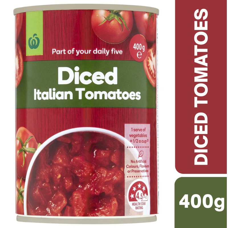 [Expiry: 31/08/2027] Woolworths Diced Italian Tomatoes 400g