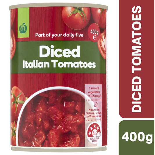 [Expiry: 31/08/2027] Woolworths Diced Italian Tomatoes 400g