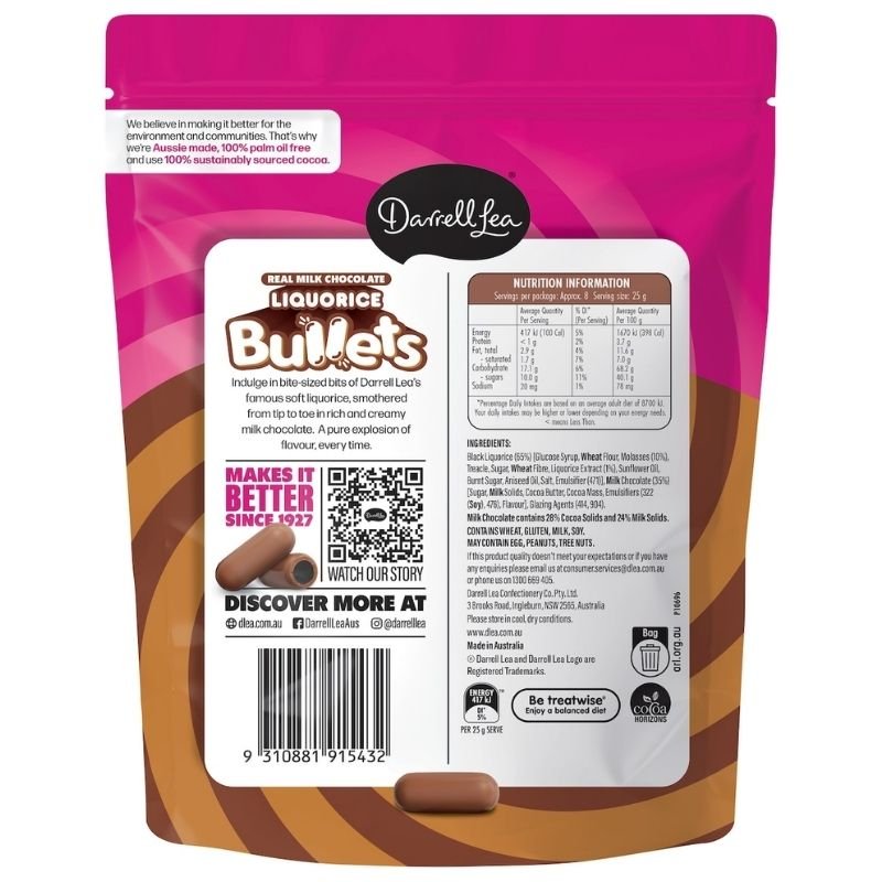 [Expiry Date: 29/06/2027] Darrell Lea Milk Chocolate Liquorice Bullets 204g