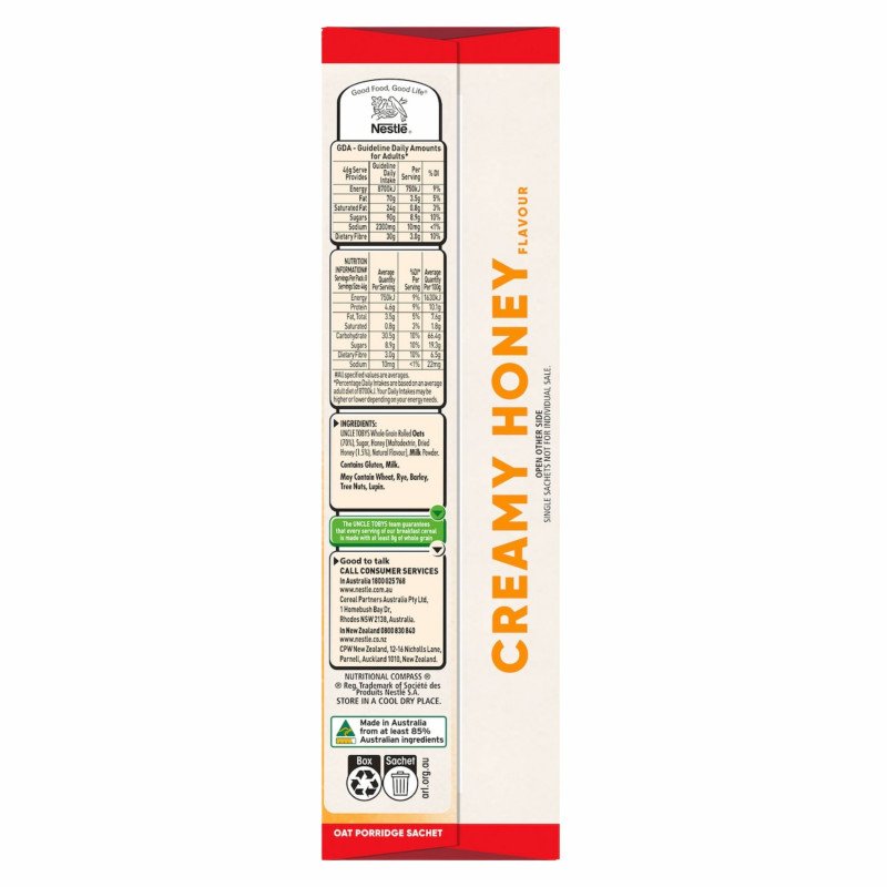 [Expiry Date: 18/03/2027] Uncle Tobys Oats Quick Sachets Creamy Honey Big Bowl Porridge 8 Pack 368g