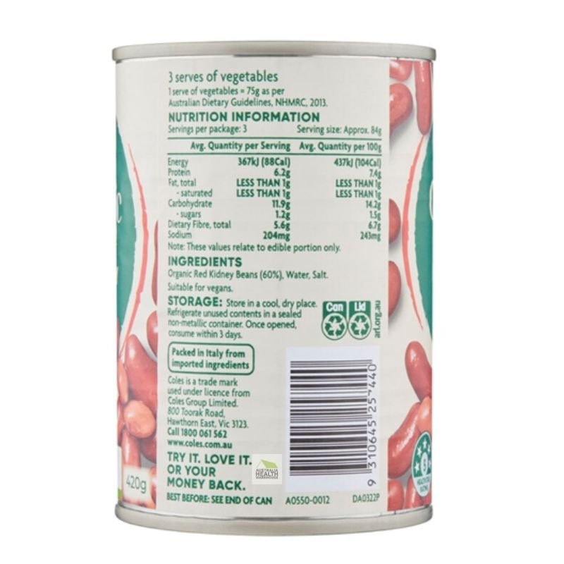 [Expiry Date: 26/05/2028] Coles Organic Red Kidney Beans 420g