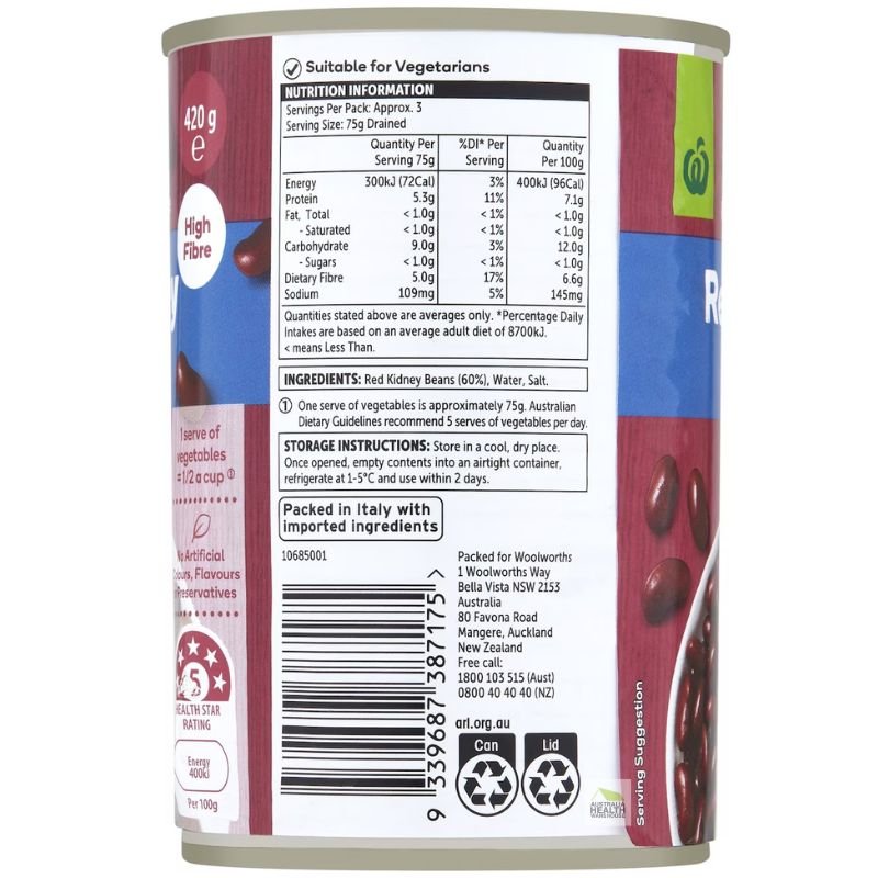 [Expiry Date: 16/06/2028] Woolworths Red Kidney Beans 420g