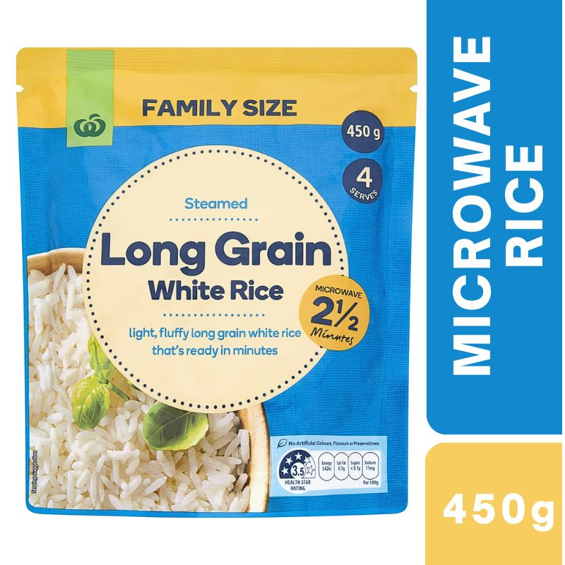 [CLEARANCE Expiry Date: 11/08/2026] Woolworths Microwave Long Grain White Rice Family 450g