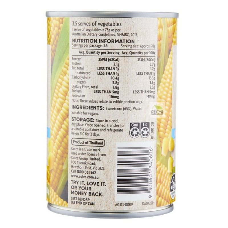 [Expiry Date: 28/05/2028] Coles Corn Kernels No Added Salt 420g