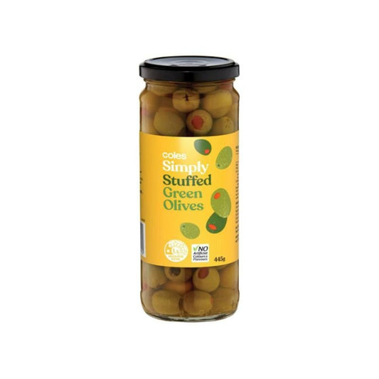 [Expiry: 26/05/2028] Coles Stuffed Green Olives 445g
