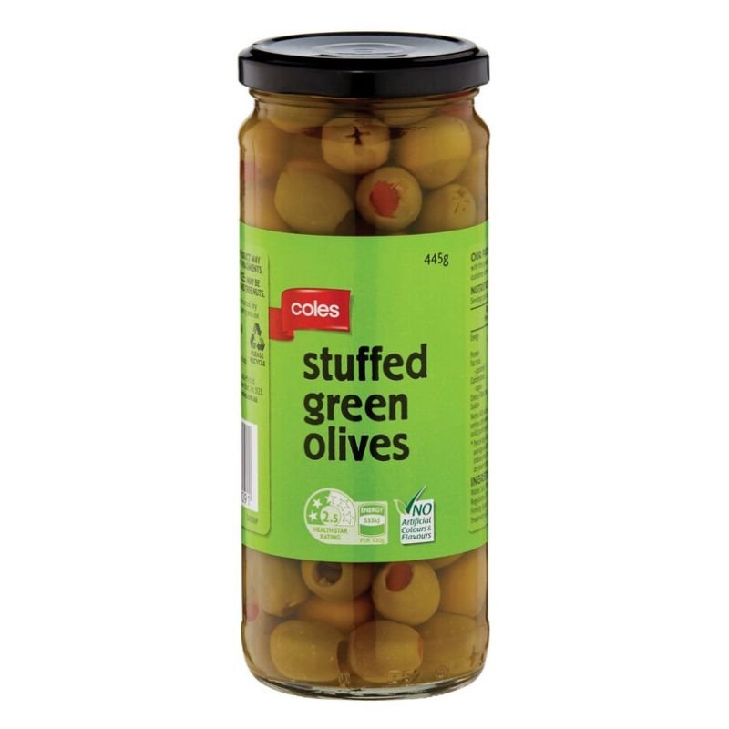 [Expiry: 26/05/2028] Coles Stuffed Green Olives 445g