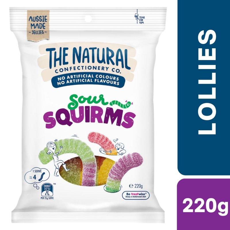 [Expiry Date: 17/06/2027] The Natural Confectionery Co. Sour Squirms Lollies 220g