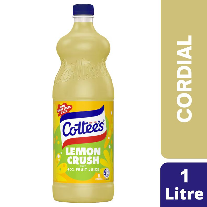 [CLEARANCE Expiry Date: 07/07/2026] Cottee's Lemon Cordial Lemon Crush With 40% Fruit Juice Bottle 1 Litre