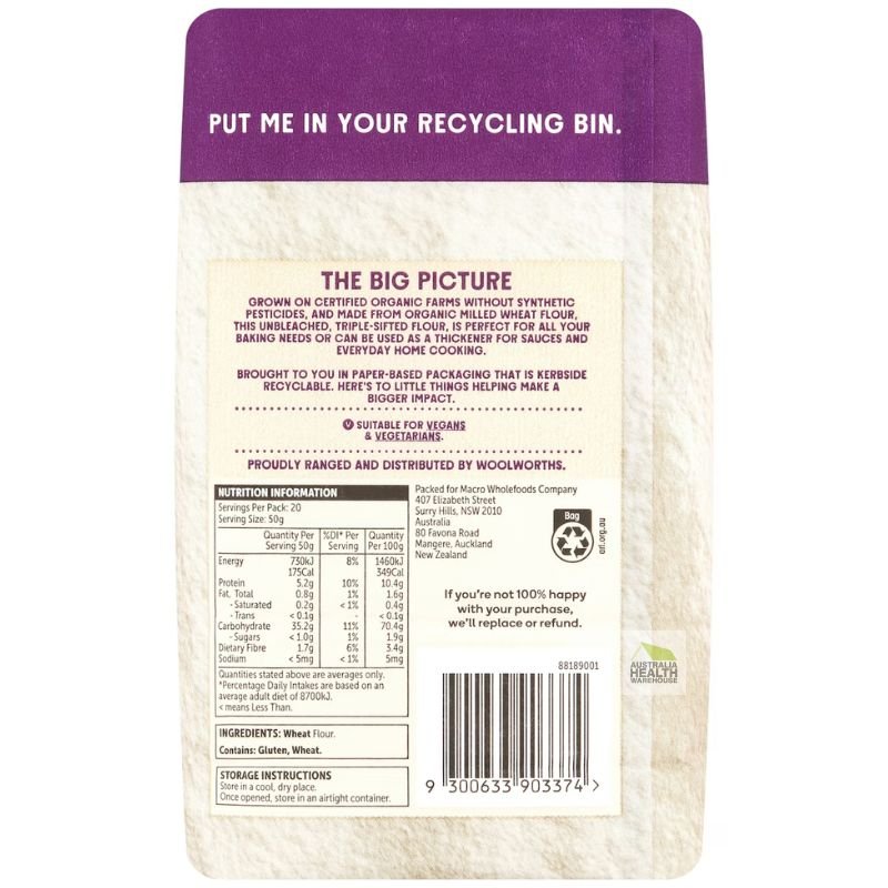 [CLEARANCE Expiry Date: 09/06/2026] Woolworths Macro Organic Australian Plain Flour 1kg