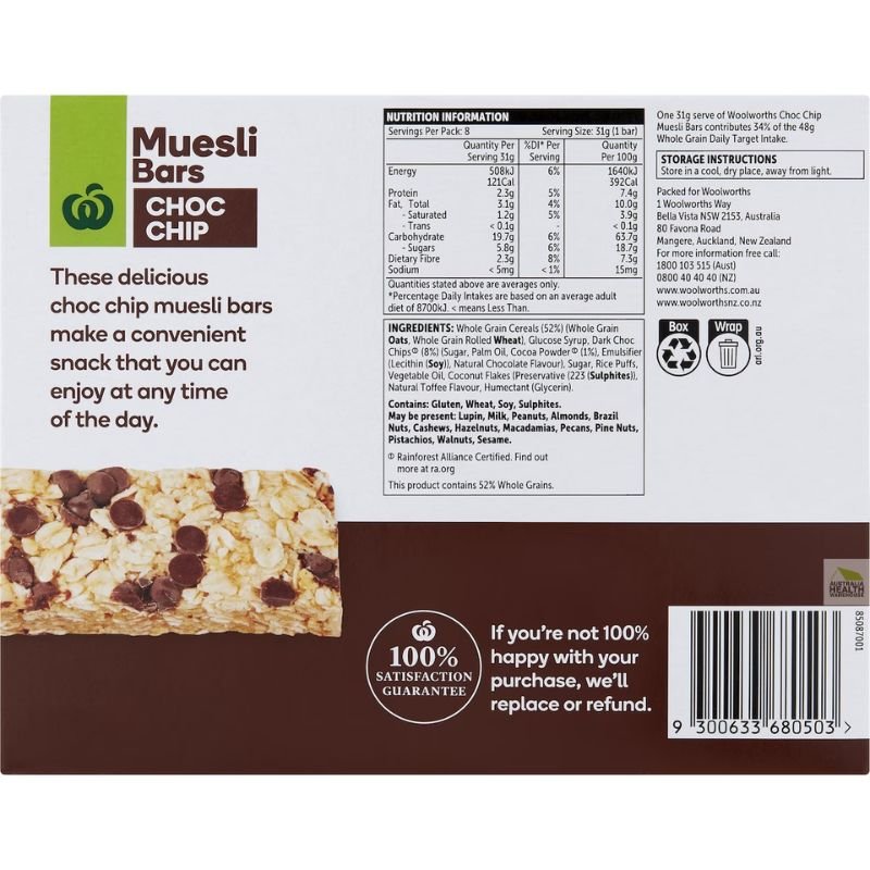 [CLEARANCE Expiry Date: 04/08/2026] Woolworths Muesli Bars Choc Chip 8 Pack 248g