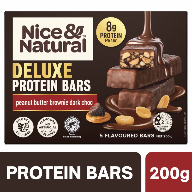 [CLEARANCE Expiry Date: 26/10/2026] Nice & Natural Deluxe Protein Bars Peanut Butter Brownie Dark Choc 5 Pack 200g