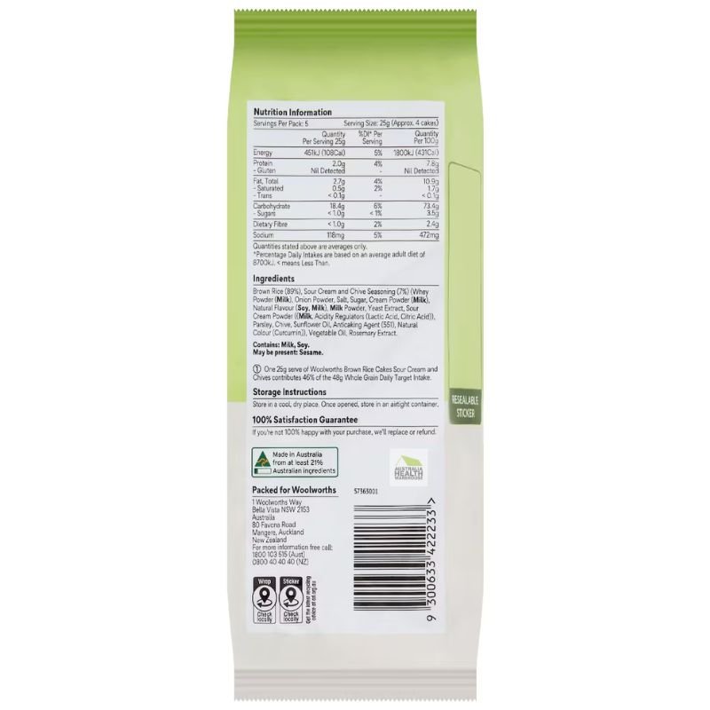 [Expiry: 01/08/2026] Woolworths Thin Rice Cakes Sour Cream & Chives 125g