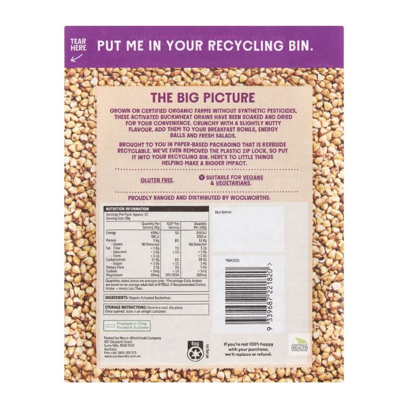 [Expiry: 25/05/2026] Woolworths Macro Organic Activated Buckwheat 400g