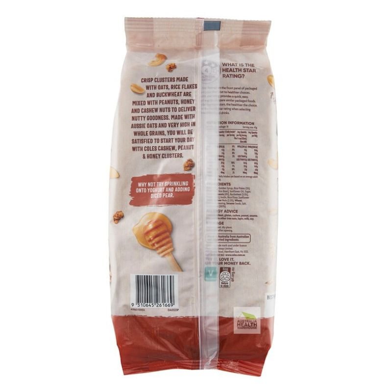 [Expiry: 10/07/2025] Coles Cashew, Peanut & Honey Clusters 750g
