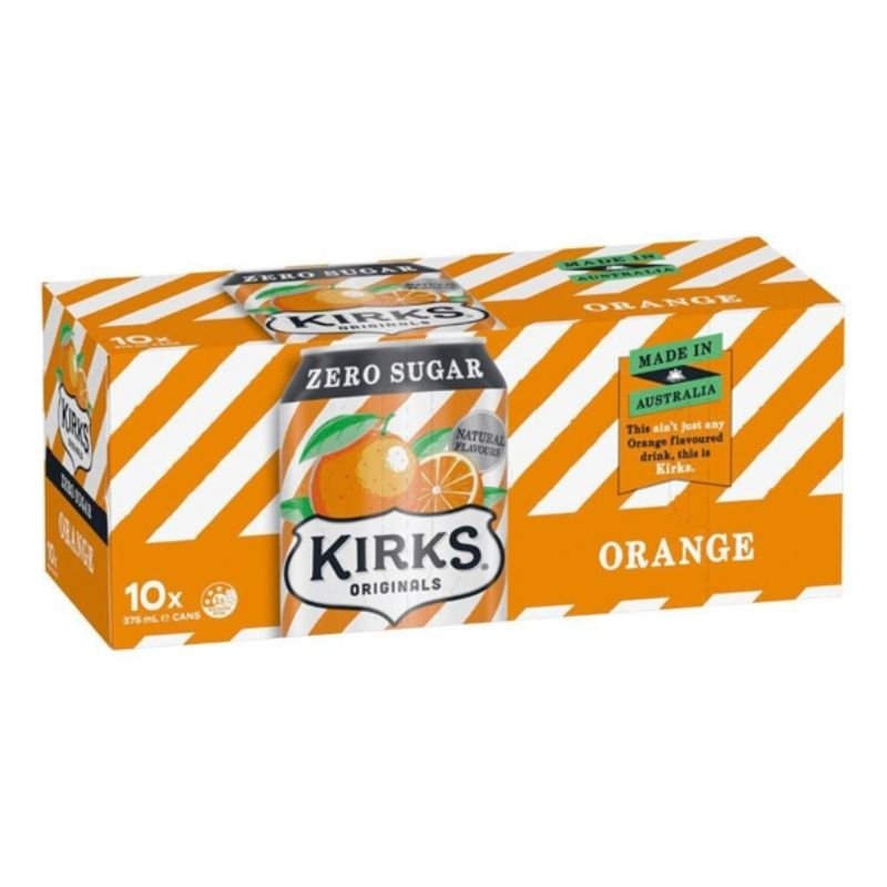 [CLEARANCE Expiry: 08/06/2026] Kirks Zero Sugar Orange Soft Drink Cans - 10 x 375mL