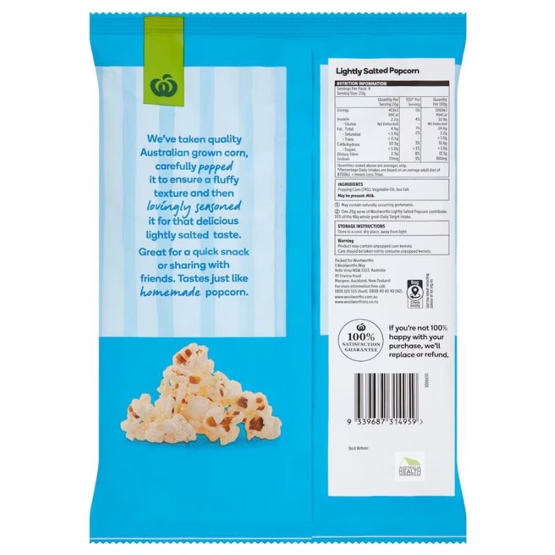[CLEARANCE Expiry Date: 04/04/2026] Woolworths Lightly Salted Popcorn 80g