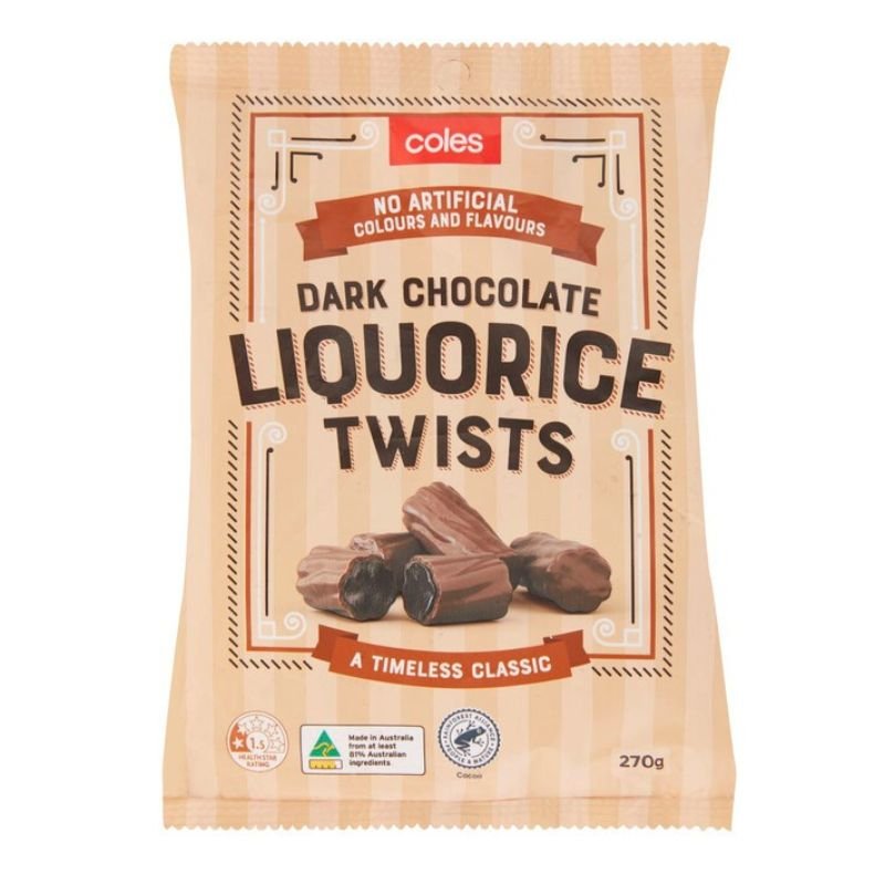 [CLEARANCE Expiry: 29/07/2025] Coles Dark Chocolate Liquorice Twists 270g
