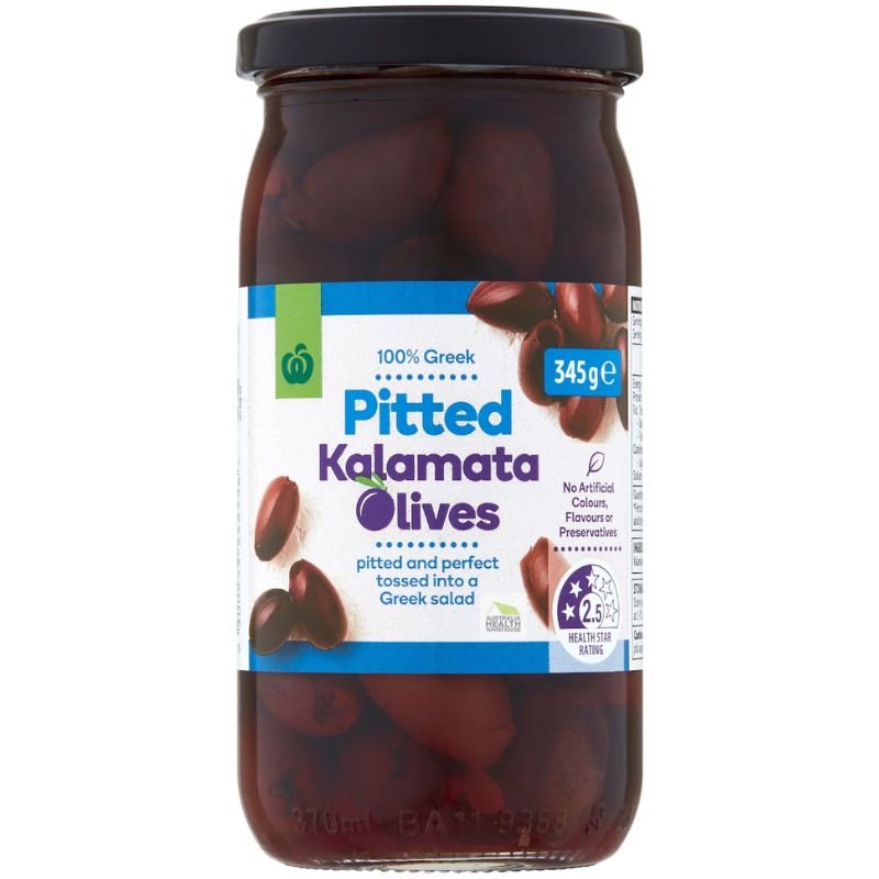 [Expiry Date: 16/10/2027]  Woolworths Pitted  Kalamata Olives 345g