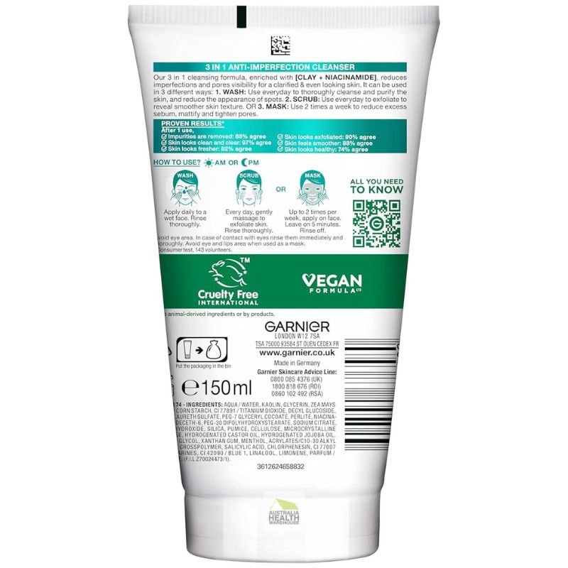 Garnier Pure Active 3 in 1 Wash, Scrub & Mask 150mL