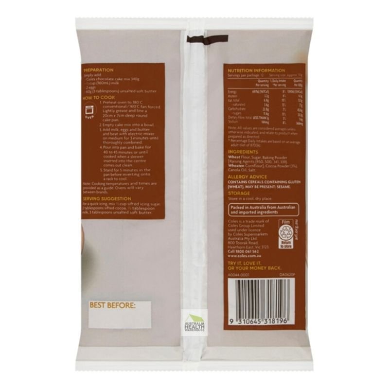 [Expiry Date: 30/10/2026] Coles Simply Chocolate Cake Mix 340g