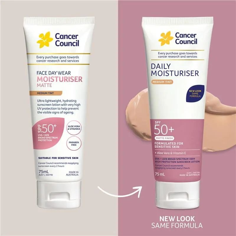 [Expiry: 04/2028] Cancer Council SPF 50+ Face Day Wear Moisturiser Face Matte Medium Tint 75ml Tube