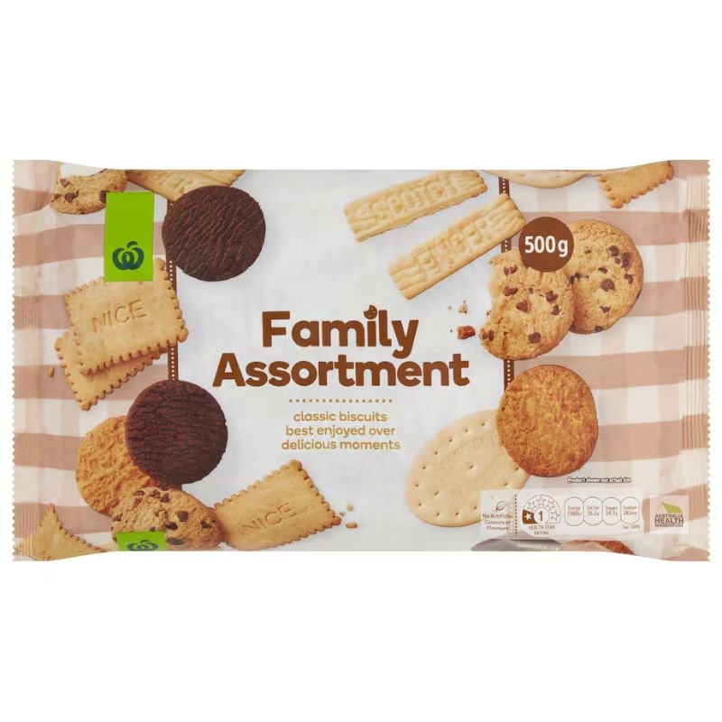 [CLEARANCE Expiry: 27/05/2026] Woolworths Family Assorted Biscuits 500g