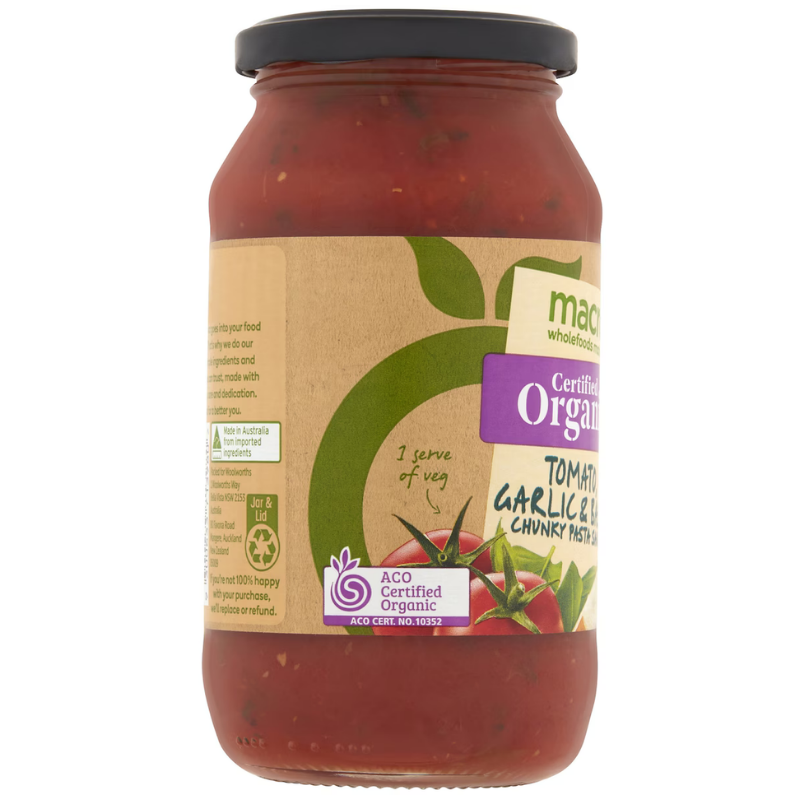 [Expiry Date: 23/01/2028] Woolworths Macro Organic Tomato, Garlic & Basil Chunky Pasta Sauce 500g