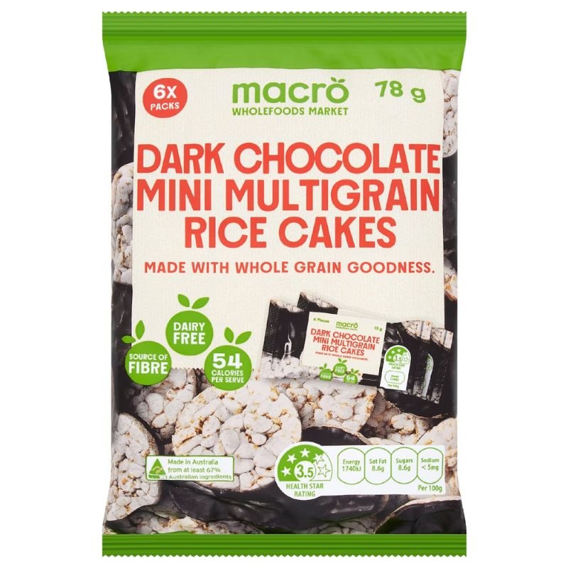 [Expiry Date: 19/11/2026] Woolworths Macro Mini Multigrain Rice Cakes Vegan Dark Chocolate 6 Packs 78g